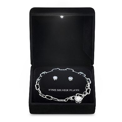 Silver Tone Cubic Zirconia Paperclip Chain Bracelet & Stud Earrings Set