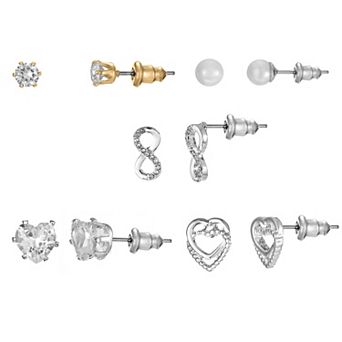 Two-Tone Cubic Zirconia & Simulated Pearl Stud Earrings 5-pack Set