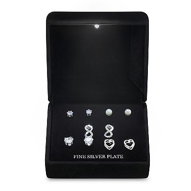 Two-Tone Cubic Zirconia & Simulated Pearl Stud Earrings 5-pack Set