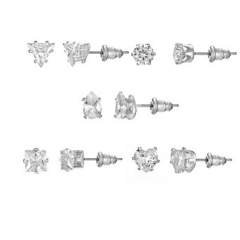 Silver Tone Cubic Zirconia Stud Earrings 5-pack Set