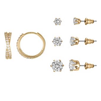 Gold Tone Cubic Zirconia Hoop & Stud Earrings Quartet