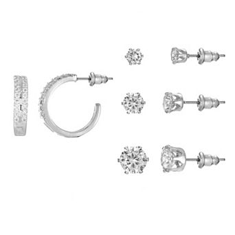 Gold Tone Cubic Zirconia Hoop & Stud Earrings Quartet