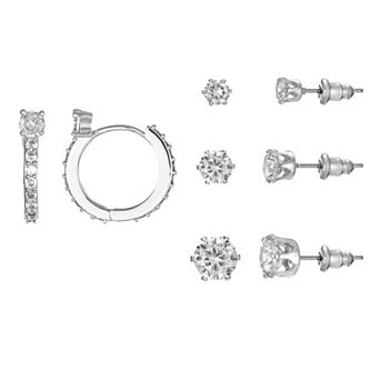 Silver Tone Cubic Zirconia Hoop & Stud Earrings Quartet