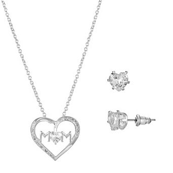 Silver Tone Cubic Zirconia "Mom" Heart Pendant Necklace & Stud Earrings Set