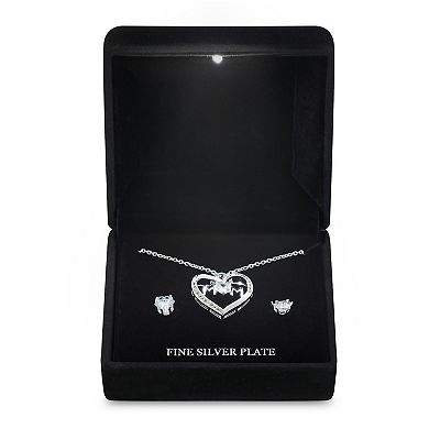 Silver Tone Cubic Zirconia "Mom" Heart Pendant Necklace & Stud Earrings Set