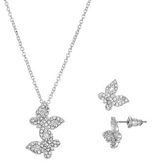 Silver Tone Cubic Zirconia Butterfly Pendant Necklace & Stud Earrings Set