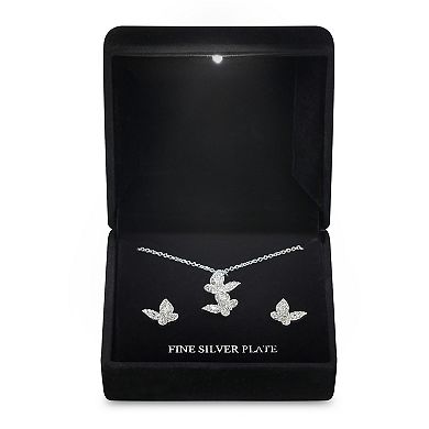 Silver Tone Cubic Zirconia Butterfly Pendant Necklace & Stud Earrings Set