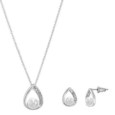 Silver Tone Cubic Zirconia Simulated Pearl Pendant Necklace