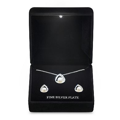 Silver Tone Cubic Zirconia & Simulated Pearl Pendant Necklace & Stud Earrings Set
