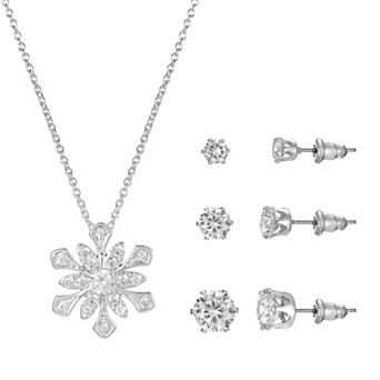 Silver Tone Cubic Zirconia Necklace & Stud Earrings Trio Set