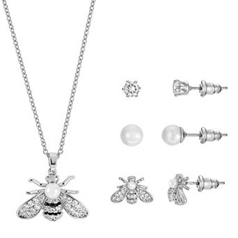 Silver Tone Cubic Zirconia & Simulated Pearl Bumblebee Pendant Necklace & Stud Earrings Trio Set