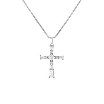PRIMROSE Fine Silver Plated Baguette Cubic Zirconia Cross Pendant Necklace