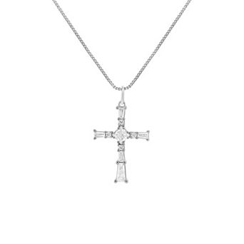 PRIMROSE Fine Silver Plated Baguette Cubic Zirconia Cross Pendant Necklace