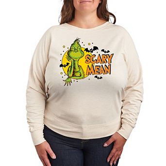 Plus Size Dr. Seuss Grinch Scary Mean Halloween French Terry Long Sleeve Tee