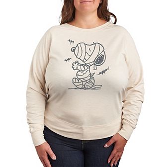 Plus Size Peanuts Snoopy Mummy Halloween Bats French Terry Long Sleeve Tee