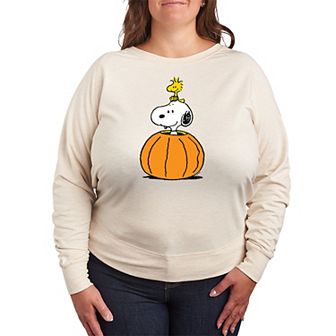 Plus Size Peanuts Snoopy & Woodstock Pumpkin French Terry Long Sleeve Tee