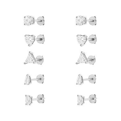 PRIMROSE 5-Piece Fine Silver Plated Cubic Zirconia Stud Earring Set