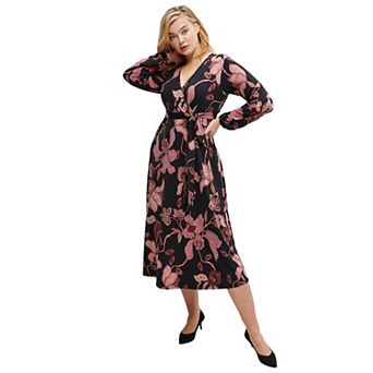 ellos Plus Size Knit Surplice Midi Dress With Self-Tie