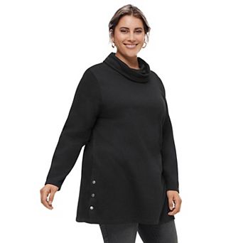 ellos Plus Size Side Snap Cowl Neck French Terry Sweatshirt Tunic
