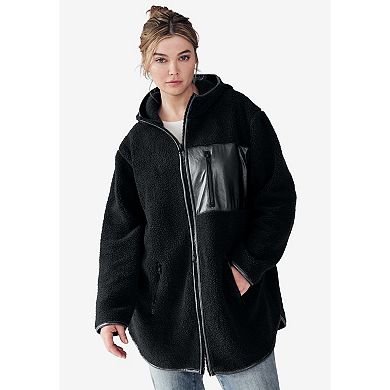 ellos Plus Size Zip Front Hooded Sherpa Jacket