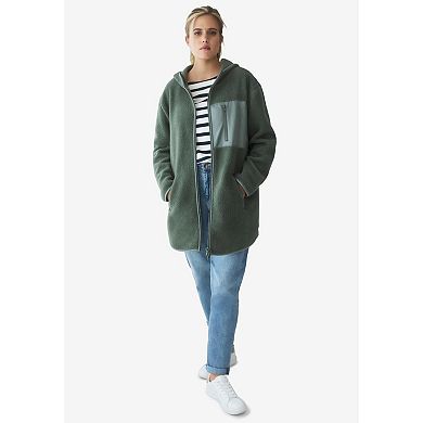 ellos Plus Size Zip Front Hooded Sherpa Jacket