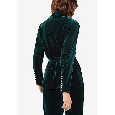 Belted Asymmetric Button Velvet Long Blazer