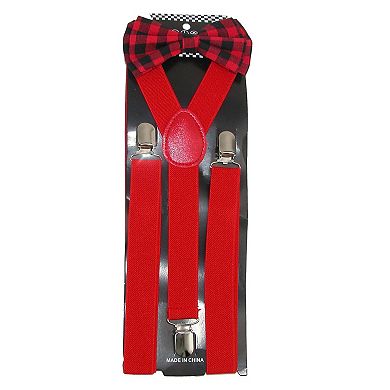 CTM Men's Buffalo Plaid Bow Tie with Solid Suspender Set