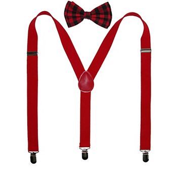 Men's Buffalo Plaid Bow Tie With Solid Suspender Set