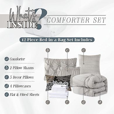 Elegant Comfort 12-pc Ella Pintuck Comforter Set, Includes 6-pc Sheet Set With Sided Storage Pockets