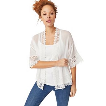 ellos Plus Size Sheer Lace Trim wrap Cardigan