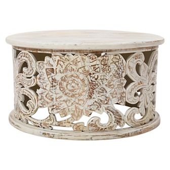 Alina Coffee Table Handcrafted Mango Wood Floral Carved Cut Out Design Distressed White Finish