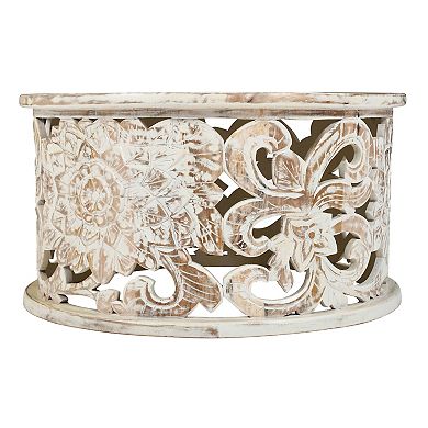 Alina Coffee Table Handcrafted Mango Wood Floral Carved Cut Out Design Distressed White Finish