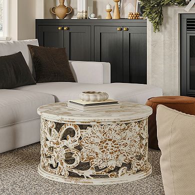 Alina Coffee Table Handcrafted Mango Wood Floral Carved Cut Out Design Distressed White Finish