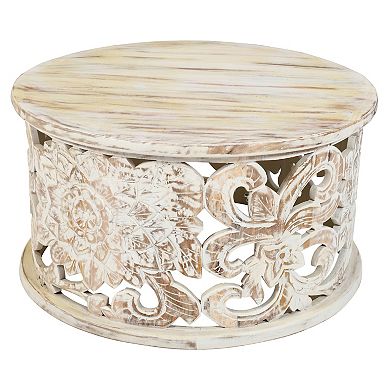 Alina Coffee Table Handcrafted Mango Wood Floral Carved Cut Out Design Distressed White Finish