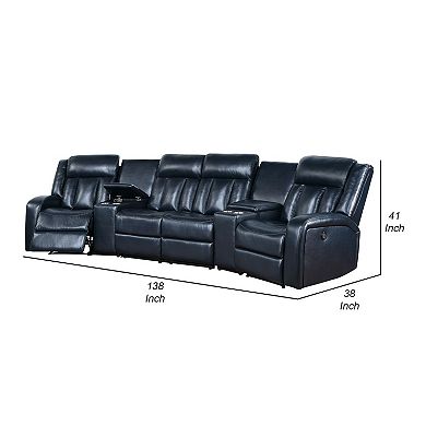 Max 5 Piece Manual Recliner Sectional Set, Vegan Faux Leather, Navy Blue