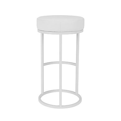 Tane 30 Inch Bar Stool, Round Padded Seat, White Faux Leather, Metal