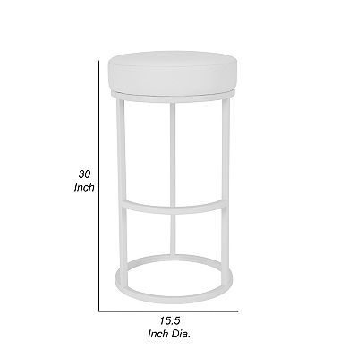 Tane 30 Inch Bar Stool, Round Padded Seat, White Faux Leather, Metal