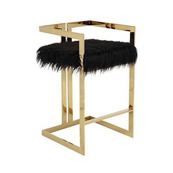 Suki 30 Inch Barstool Chair, Black Faux Fur Seat, Gold Cantilever Base