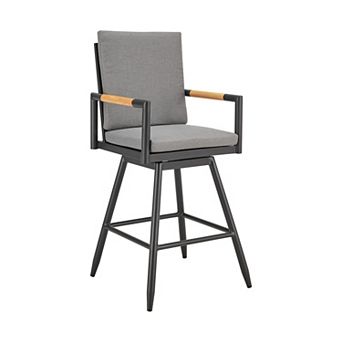 Razi 30 Inch Outdoor Swivel Barstool Chair, Black Aluminum, Gray Cushions
