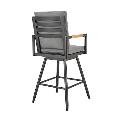 Razi 30 Inch Outdoor Swivel Barstool Chair, Black Aluminum, Gray Cushions