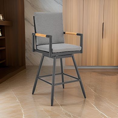 Razi 30 Inch Outdoor Swivel Barstool Chair, Black Aluminum, Gray Cushions