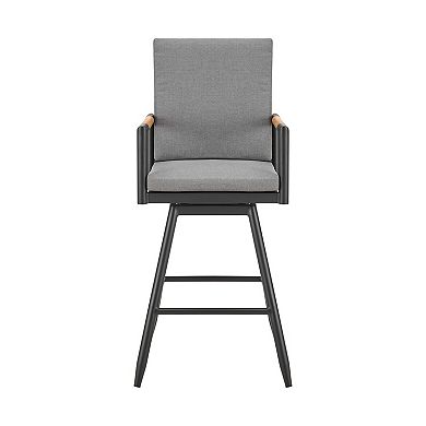 Razi 30 Inch Outdoor Swivel Barstool Chair, Black Aluminum, Gray Cushions