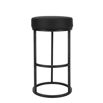 Tane 30 Inch Barstool, Round Black Faux Leather Padded Seat, Black Metal