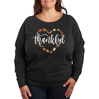 Plus Size Thankful Leaf Heart French Terry Long Sleeve Tee