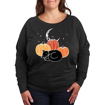 Plus Size Black Cat Pumpkin Nap French Terry Long Sleeve Tee