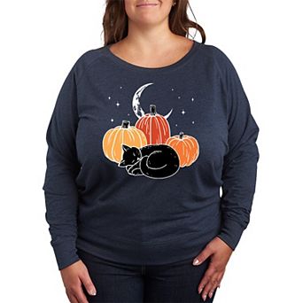Plus Size Black Cat Pumpkin Nap French Terry Long Sleeve Tee