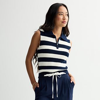 Juniors' SO® Stripe Zip Neck Polo Sleeveless Sweater