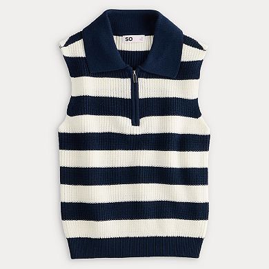 Juniors' SO® Stripe Zip Neck Polo Sleeveless Sweater