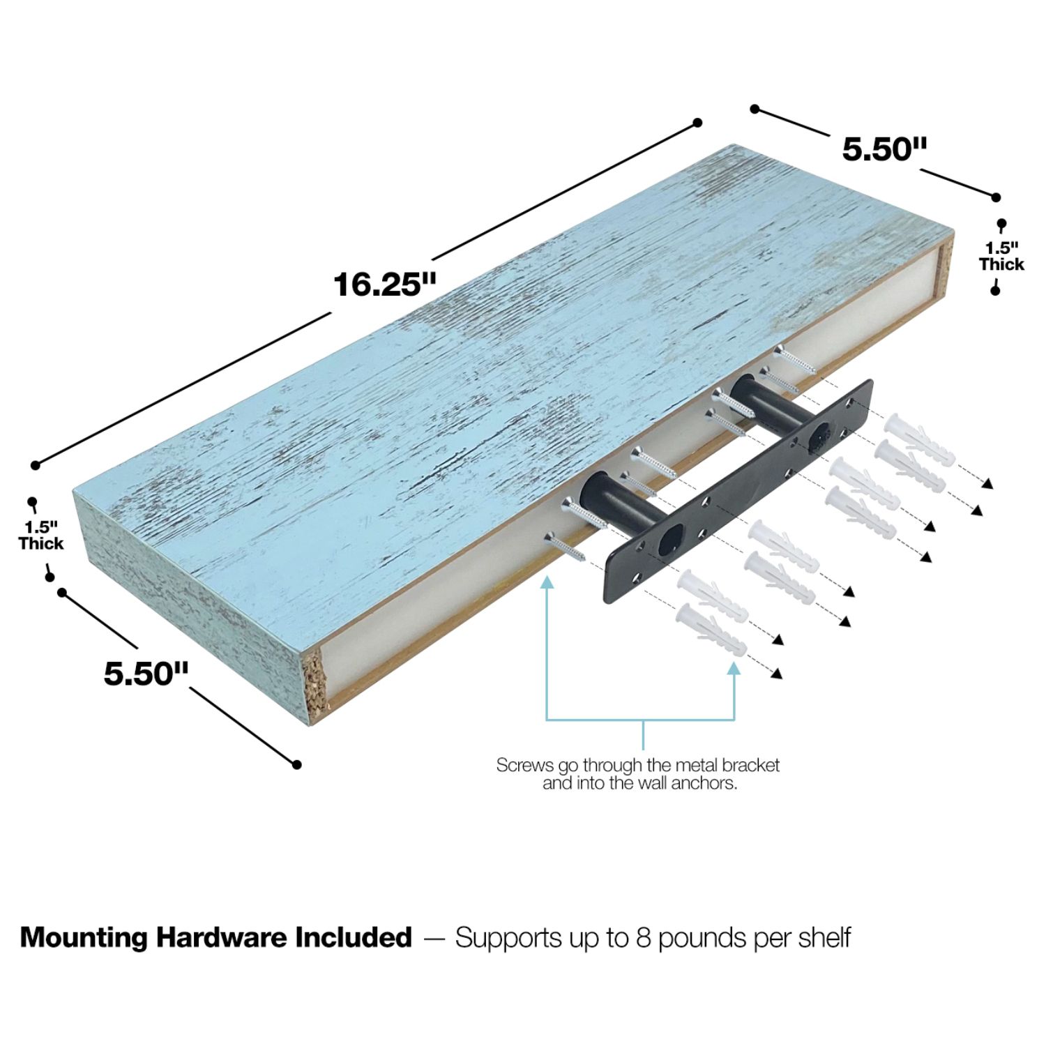  exploded view with mounting hardware for floating shelf with screws and bracket