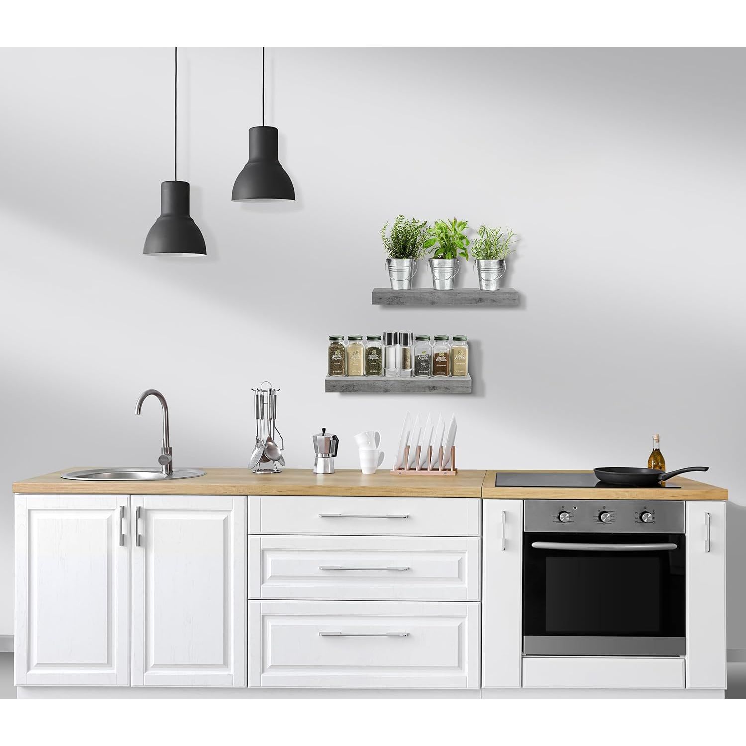 Two floating shelves on kitchen wall with plants and kitchen items